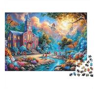Iglesia Rural Puzzle de 1000 Piezas Papel para Adultos Mariposas Coloridas Relajación Familia Regalo 70x50cm/1000pcs