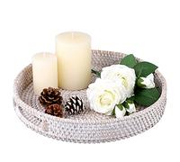 IGNPION Bandeja de ratán para servir de 30 cm, bandeja decorativa de almacenamiento con asa, bandeja organizadora de escritorio para vajilla, maquillaje, tocador, joyas, velas, adornos blanqueados