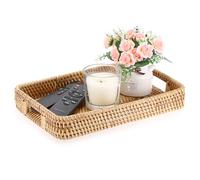 IGNPION Bandejas de ratán para servir, rectangular, decorativa, soporte para toallas de invitados con asa, bandeja organizadora de escritorio para vajilla, maquillaje, tocador, vela, adorno, perfume