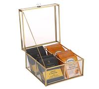 IGNPION Caja organizadora de bolsas de té de cristal, moderna caja de almacenamiento de té con 4 compartimentos, funda decorativa transparente para bolsas de té, soporte para bolsas de té para café