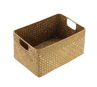 IGNPION Canasta de almacenamiento de hierba marina, caja organizadora rectangular tejida para estantes y escritorios, cesta decorativa multiusos (caramelo, pequeña)