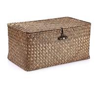 IGNPION Cesta de almacenamiento de hierba marina con tapa, cesta de escritorio tejida de pasto marino rectangular, organizador de baño, cesta decorativa multiusos (café, mediano)