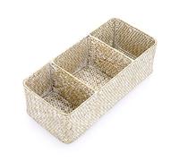 IGNPION Cesta de almacenamiento de hierba marina de 3 compartimentos, cesta de escritorio de hierba marina, rectangular, estantes y escritorios, cosméticos, lavado blanco