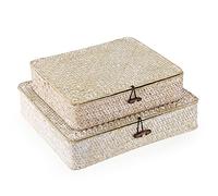 IGNPION Juego de 2 contenedores de mimbre de tejido plano con tapa, cajas de cesta de hierba marina natural