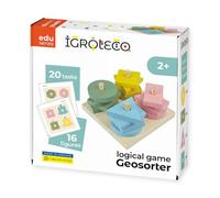 Igroteco® Geo-Sorter de Madera para Niños - Juego Educativo de Apilamiento y Enhebrado con 4 Formas Geométricas y Libro de Tareas - Desarrollo de Motricidad Fina, Colores y Figuras