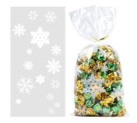 ihaspoko 100 Bolsa de Regalo con Copo de Nieve Blanco, Transparente Bolsas de Plástico con 200 piezas Lazos para Caramelos Galletas dulces