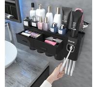 iHave Porta Cepillos de Dientes Baño con Dispensador Pasta de Dientes - Diseño para Decoración del Baño, Organizador Baño Todo-en-Uno para Cepillos y Accesorios, 4 Vasos, Negro Puro