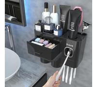 iHave Porta Cepillos de Dientes Baño con Dispensador Pasta de Dientes - Diseño para Decoración del Baño, Organizador Baño Todo-en-Uno para Cepillos y Accesorios, 2 Vasos, Negro Puro