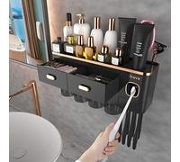 iHave Porta Cepillos de Dientes Baño con Dispensador Pasta de Dientes - Diseño para Decoración del Baño, Organizador Baño Todo-en-Uno para Cepillos y Accesorios, 4 Vasos, Negro y Oro de Lujo