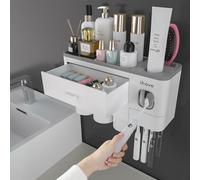 iHave Porta Cepillos de Dientes Baño con Dispensador Pasta de Dientes - Diseño para Decoración del Baño, Organizador Baño Todo-en-Uno para Cepillos y Accesorios, 3 Vasos, Blanco Clásico