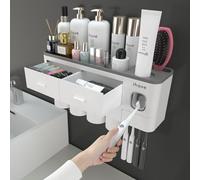 iHave Porta Cepillos de Dientes Baño con Dispensador Pasta de Dientes - Diseño para Decoración del Baño, Organizador Baño Todo-en-Uno para Cepillos y Accesorios, 4 Vasos, Blanco Clásico