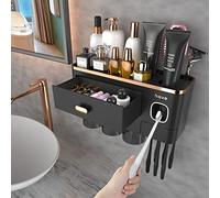 iHave Porta Cepillos de Dientes Baño con Dispensador Pasta de Dientes - Diseño para Decoración del Baño, Organizador Baño Todo-en-Uno para Cepillos y Accesorios, 3 Vasos, Negro y Oro de Lujo
