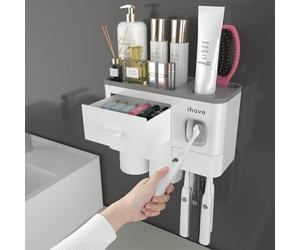 iHave Porta Cepillos de Dientes Baño con Dispensador Pasta de Dientes - Diseño para Decoración del Baño, Organizador Baño Todo-en-Uno para Cepillos y Accesorios, 2 Vasos, Blanco Clásico