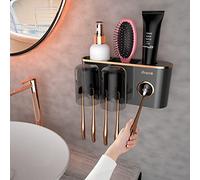 iHave Portacepillos de pared con dispensador de pasta dental. Incluye 2 vasos,6 ranuras y 2 compartimentos para artículos de baño. Diseño elegante negro y dorado, ideal para decorar tu baño con estilo