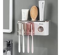 iHave Portacepillos de pared con dispensador de pasta dental. Incluye 2 vasos,6 ranuras y 2 compartimentos para artículos de baño.Diseño elegante blanco y dorado, ideal para decorar tu baño con estilo