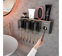 iHave Portacepillos de pared con dispensador de pasta dental. Incluye 3 vasos,9 ranuras y 3 compartimentos para artículos de baño. Diseño elegante negro y dorado, ideal para decorar tu baño con estilo