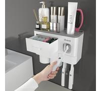 iHave Soporte para Cepillo de Dientes, decoración de baño, Soporte para Cepillo de Dientes de 2 Tazas montado en la Pared con dispensador automático de Pasta de Dientes, Accesorio de baño con Bandeja