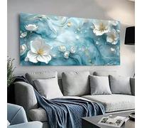 IHHGNB Cuadro en lienzo con remolinos dorados y flores blancas, decoración moderna para sala de estar, arte de pared con fondo azul sereno para dormitorio (20x40cm (8x16in)/Sin marco)
