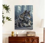 IHHGNB Lienzo impreso estilo Art Déco con diseño de lobo y cachorro, arte mural de animales del bosque, pintura de naturaleza (40x50cm (16x20in)/Sin marco)