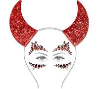 IHLOOTD Cuernos Halloween Demonio, Cuernos Diablo Diadema con Gemas Faciales, Diademas de Halloween, para Accesorios de Disfraz de Halloween, Carnaval, Cosplay (A)