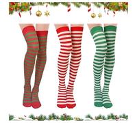 IHLOOTD Medias Elfo Niña Mujer 3 Pares Medias de Duende Navidad Leotardos Medias Rayas Rojo Blanco Verde Calcetines Mujer Altos Juegos de Rol, Reuniones Familiares, Celebraciones Navideñas