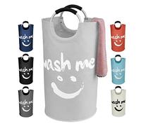 IHOMAGIC 115L Plegable Bolsas para la colada con Cómodas Asas de Aluminio, Cestos para la Colada de Tela Oxford, Cesto Ropa Sucia Redonda con Patrón Smiley para Dormitorio, Baño, Camping, Gris Claro