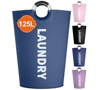 IHOMAGIC 125L Plegable Bolsas para la Colada con Cómodas Asas de Aluminio, Cestos para la Colada de Tela Oxford, Cesto Ropa Sucia Redonda con Patrón Smiley para Dormitorio, Camping, Azul Oscuro