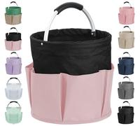 IHOMAGIC 17L Cesta Picnic Plegable, Bolsa Herramientas con 6 Bolsillos, Capazo Playa Portátil de Tela Oxford, Cestas Organizadoras Duradero para Camping, Limpieza, Negro con Rosa