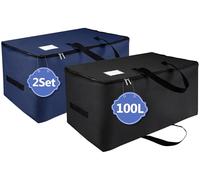 IHOMAGIC 2 Piezas 100L Bolsa de Almacenamiento de Ropa con Asa, Plegable Almacenaje Bajo Cama para Edredón, Organizador Gran Capacidad con la Cremallera y Bolsillo para Etiquetas (Negro/Azul Oscuro)