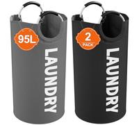 IHOMAGIC 2 Piezas 95L Cesto Ropa Sucia con Manija de Aleación, Bolsa Ropa Sucia Plegable, Plegable Bolsa de Almacenamiento para Equipos de Gimnasio, Botellas de Reciclaje,Gris Oscuro/Negro