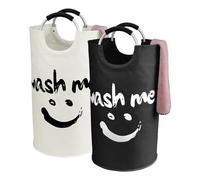 IHOMAGIC 2 piezas Cestos para la Colada de Tela Oxford Duradera, Cesto Ropa Sucia Plegable con Asa, Grande Cesto de Lavandería con Smiley Face para Apartamentos Dormitorios, Viajes 91L (Negro/Beige)