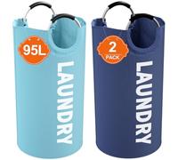 IHOMAGIC 2 Piezas Cestos para la Colada Duradera, 95L Cesto Ropa Sucia Plegable de Tela Oxford con Asa, Grande Cesto de Lavandería para Apartamentos, Dormitorios, Viajes, Azul/Azul Oscuro