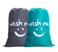 IHOMAGIC 2Pack 120L Bolsa ropa Sucia Viaje con Cordón, Gran Capacidad Bolsa de Lavanderia Plegable de Nylon, Saco ropa Sucia Portátil con cara Sonriente para Hotel, Dormitorios, Gris + Azul