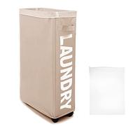 IHOMAGIC 62L Cestos para la Colada Rectangular con Ruedas - Cesto de Ropa Sucia Alta con bolsa de lavandería extraíble, Cesto de Almacenamiento de Ropa Delgada, Plegable Bolsa de Lavandería (Caqui)