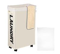 IHOMAGIC 62L Cestos para la Colada Rectangular con Ruedas - Cesto de Ropa Sucia Alta con Bolsa de lavandería extraíble, Cesto de Almacenamiento de Ropa Delgada, Plegable Bolsa de Lavandería (Beige)