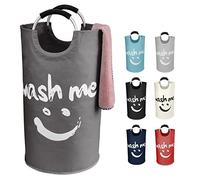 IHOMAGIC 91L Plegable Bolsas para la colada con Cómodas Asas de Aluminio - Cestos para la Colada de Tela Oxford, Cesto Ropa Sucia Redonda con Wash Me Letter para Cuarto de baño, Camping (Gris Oscuro)