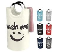 IHOMAGIC 95L Cesto de Lavandería Plegable con Asa - Cesto Redondo para La Ropa Sucia Hecho de Tela Oxford Duradera, Cestas Almacenaje capacidad con Patrón Smiley para Apartamentos, Viajes (Beige)