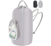 IHOMAGIC 95L Cesto Ropa Suciade Hombro Ajustables, Bolsa de Lavandería de Nailon con Bolsillo, Cesta Ropa Limpia Portátil para la Viajes, Dormitorio, Gris Claro