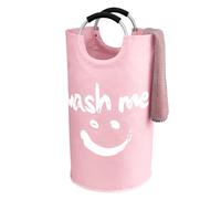 IHOMAGIC 95L Grande Cesto Ropa Sucia con Asa, Cesto de Lavandería Redondo de Tela Oxford - Plegable Bolsas para la Colada con Smiley Pattern para Juguetes, Toallas, Mantas, Esterillas de Yoga (Rosa)