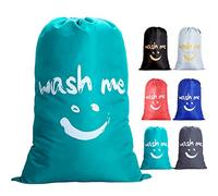 IHOMAGIC Bolsa de lavanderia, 120L Plegable Cesto para Ropa, Gran Capacidad Saco la Colada para Baño con Organizador - Lavandería para Viajes Cocina Dormitorio Hotel, Sonrisa Azul