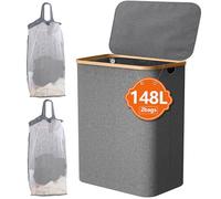 IHOMAGIC Cesto Ropa Sucia con Tapa, 148L Cubo Ropa Sucia Grande, Cesto Ropa Plegable con Bolsa Extraíble y Asas, Cesto Ropa Sucia Estrecho, Cesta Ropa Sucia para Lavadero, Baño, Apartamento, Gris