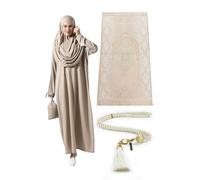 ihvan online Vestidos musulmanes para mujer, vestido de oración islámica de una pieza de manga larga y alfombra de oración y cuentas, conjunto islámico, Visón, XS-XXL