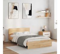 Iiaky Cama de 140 x 190 cm con LED Somier Duradero de Madera Maciza con cabecero de Cama Cama Doble con somier de láminas-Roble Sonoma-140 x 190 cm