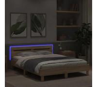 Iiaky Cama Madera 140 x 190 con LED Marco de la Cama de Plataforma Madera con cabecero Cama Doble con somier de láminas-Roble Sonoma-140 x 190 cm