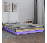 Iiaky Estructura de Cama de 135 x 190 cm con LED Cama de Madera Maciza Cama Doble con somier de láminas-Natural-135 x 190 cm