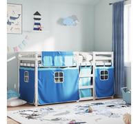 Iiaky Litera 80 x 200 Madera Maciza con Cortinas Literas Juveniles 80 x 200 Litera Doble con Escalera Estructura de Madera-Blanco y azul-80 x 200 cm