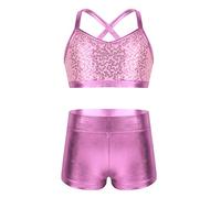 iiniim 2 Piezas Traje de Baño Tankini Sirena Niña Escamas Lentejuelas Ropa Deportiva de Danza Actuación Camiseta Pantalones Cortos Rosa 5-6 años