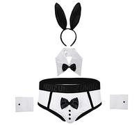 iiniim 3pcs Ropa Interior Hombre Conjunto de Lencería Sexy Mankini Traje de Camarero Tanga Corbata Pulseras Butlers Waiter Cosplay Clubwear A Marfil L