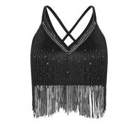 iiniim Camisetas de Baile para Mujeres, Top con Flecos y Diseño Cruzado, Sexy para Actuaciones en el Escenario Negro S