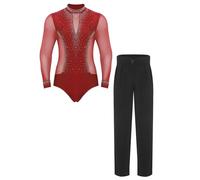 iiniim Conjuntos de Danza Latino para Hombres 2 Piezas, Leotardos con Cuello Mock y Lentejuelas, Pantalones Rectos de Cintura Alta, para Chacha y Competencias Rojo M